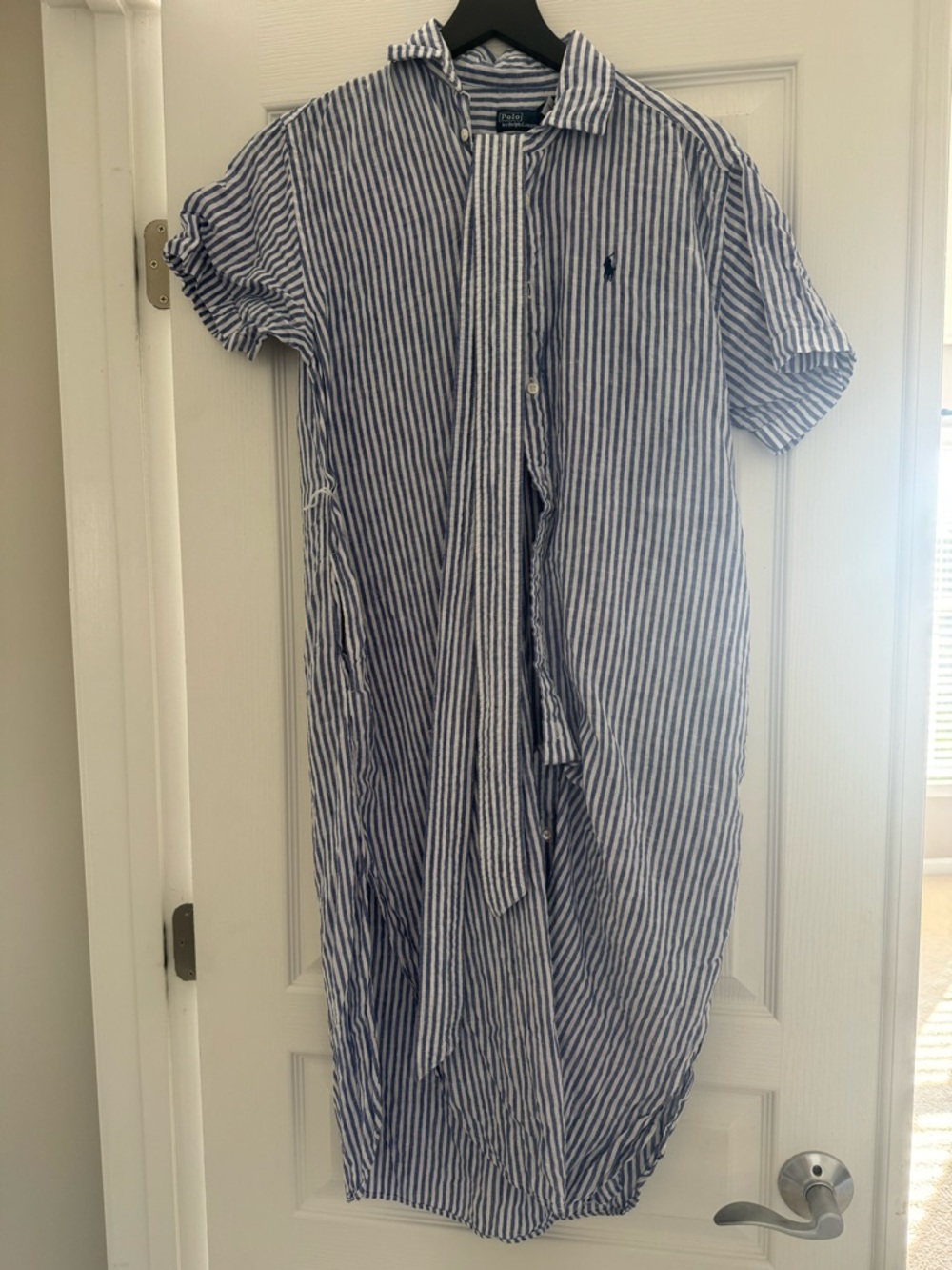 Ralph Lauren Blue and White Linen Striped Midi Shirt Dress with Self Tie - Picture 4 of 4
